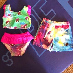 Buc-ees 2T tie dye two piece plus trunks